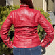 Women's Classic Lamb Leather Jacket. Round Collar with Studs, 4 Zippered Pockets & Shoulder Accent Stitching 