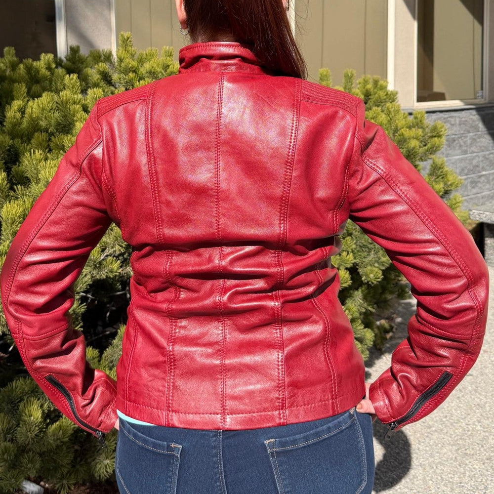 Women's Classic Lamb Leather Jacket. Round Collar with Studs, 4 Zippered Pockets & Shoulder Accent Stitching 