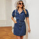 Women's Washed Belt button down Denim jeans mini short sleeve Dress - EX-STOCK CANADA