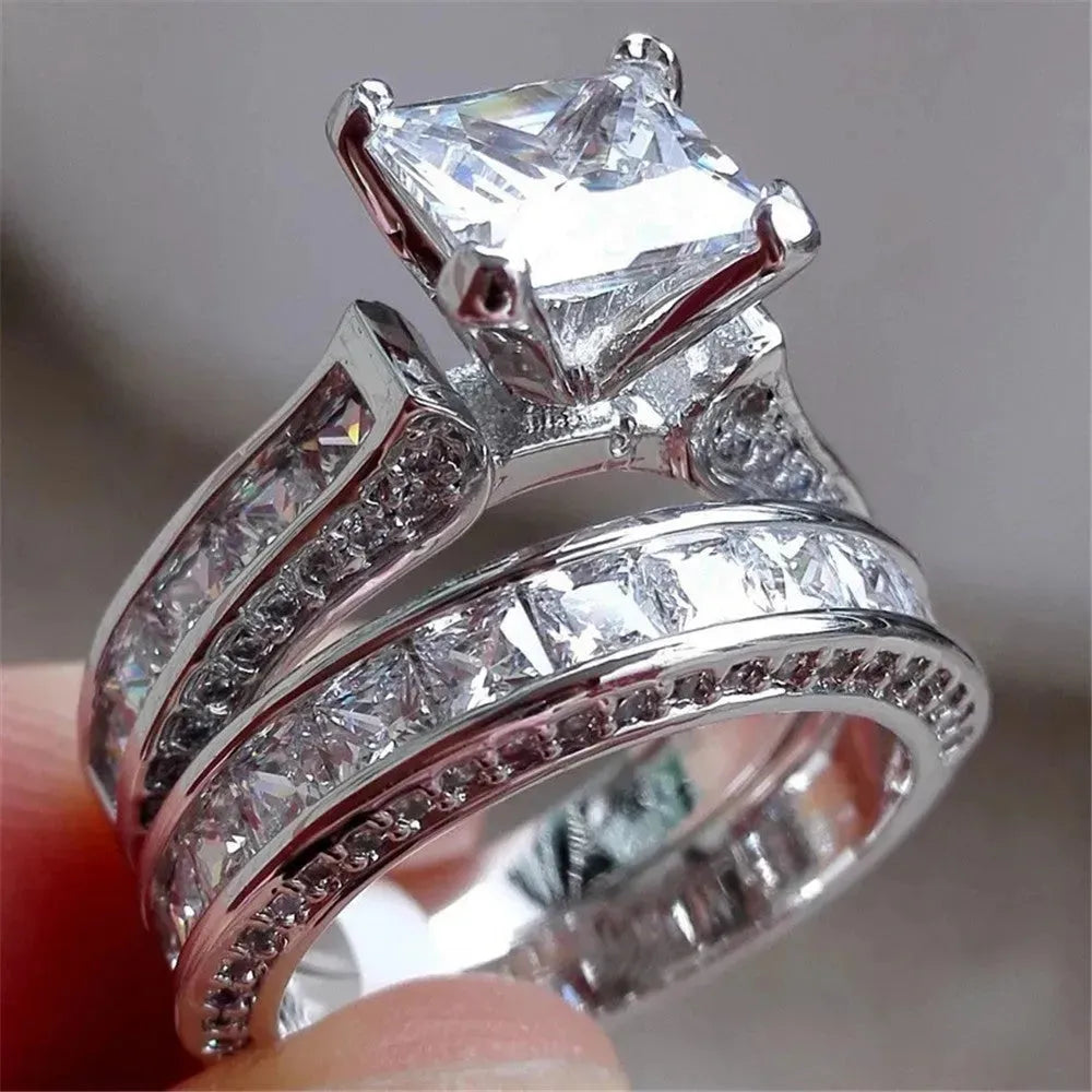 New Style Charm Couple Rings His Her Silver Color Princess Cut CZ Anniversary Promise Wedding Engagement Ring Sets - EX-STOCK CANADA
