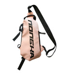 Beige crossbody bag with black strap and 'NINJAH' branding on a white background