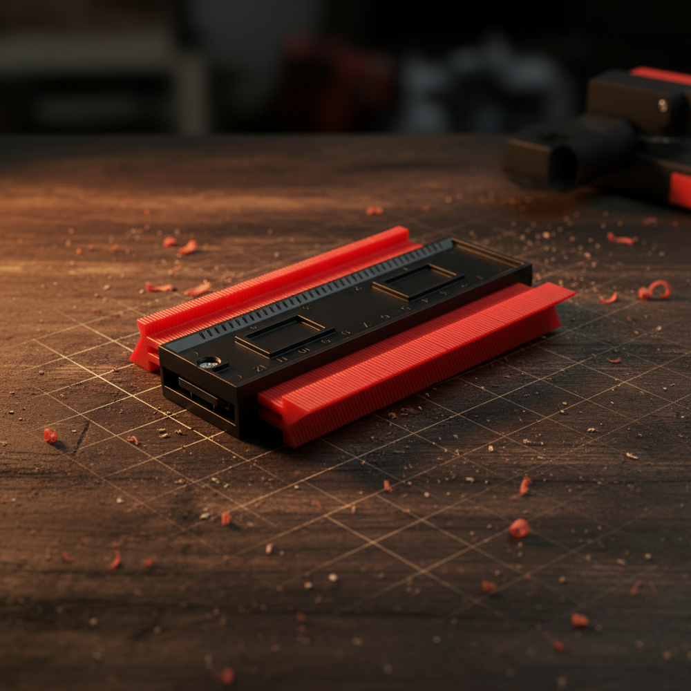 A 3D-printed black and red jig or template tool resting on a dark wooden workbench with wood shavings scattered around it.