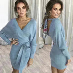 Autumn Winter Slim Fit V-neck Mini Wrap Sweater Dress - EX-STOCK CANADA