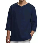 Loose Casual V-neck Top Cotton And Linen Long Sleeve Pullover Shirt Men's Shirt Top - EX-STOCK CANADA