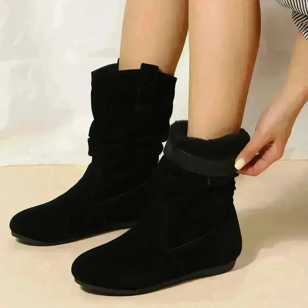 Round Toe Flat Boots Fashion Solid Color Suede Mid-calf Boot Winter Warm Shoes For Women - EX-STOCK CANADA