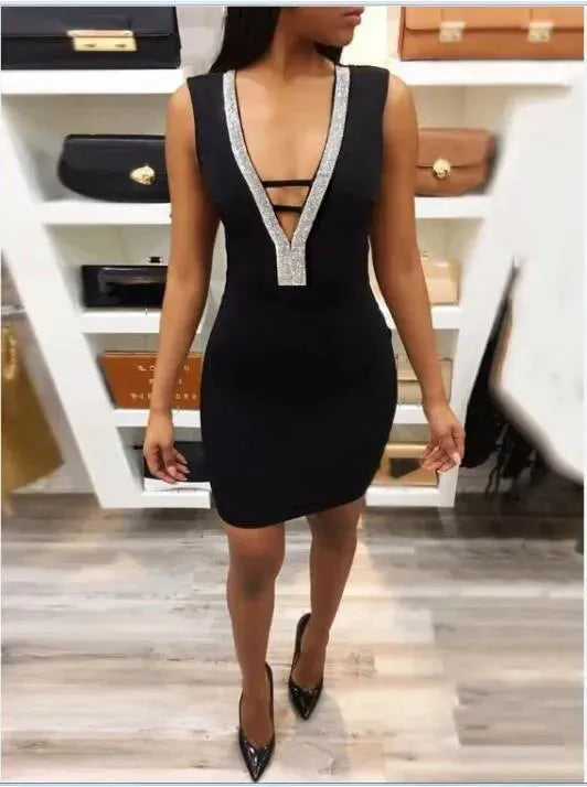 مثير السيدات النحيف عميق v-neck bodycon الحفلات النساء الصيف بلا أكمام جوفاء خارج حزمة عارية الذروة فستان الملابس النادي