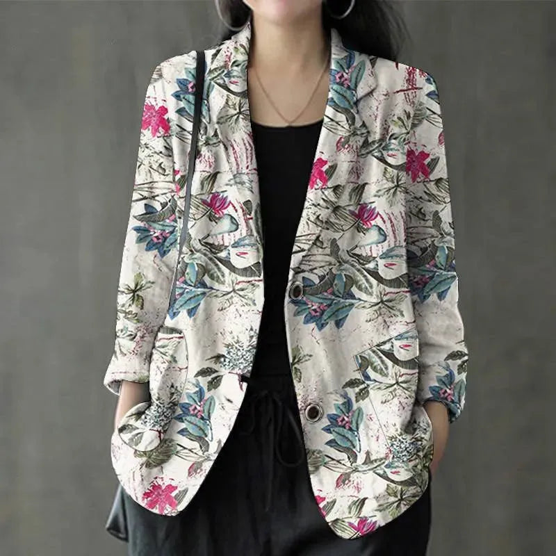 Women's floral Cotton Linen jacket Pocket Blazer - EX-STOCK CANADA