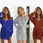 Autumn Winter Slim Fit V-neck Mini Wrap Sweater Dress - EX-STOCK CANADA