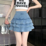 Elastic Jeans High Waist Layer  Denim short mini flare skirt - EX-STOCK CANADA