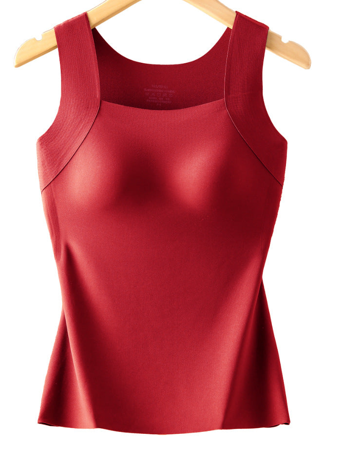 Red tank top on a wooden hanger against a white background
