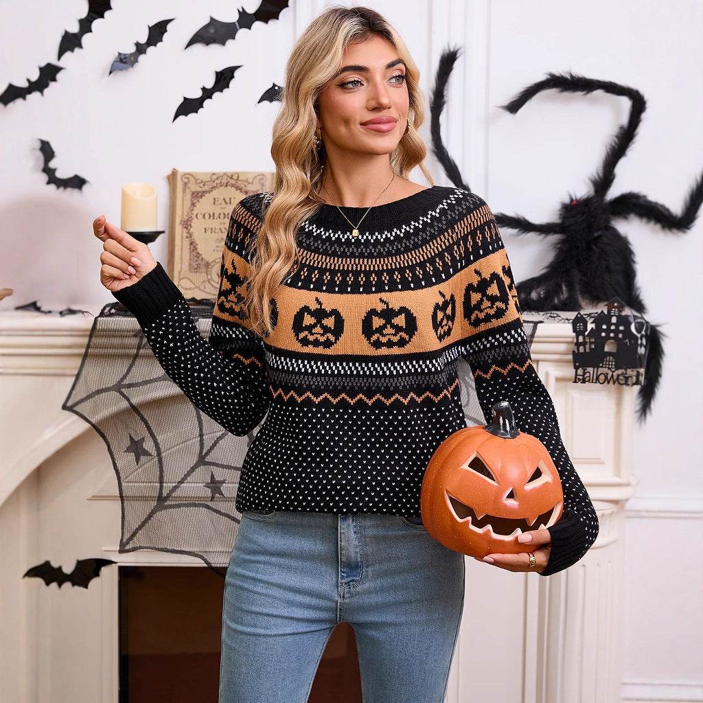 Women's Halloween Pumpkin Embroidered Retro Long-sleeved Sweater EX-STOCK