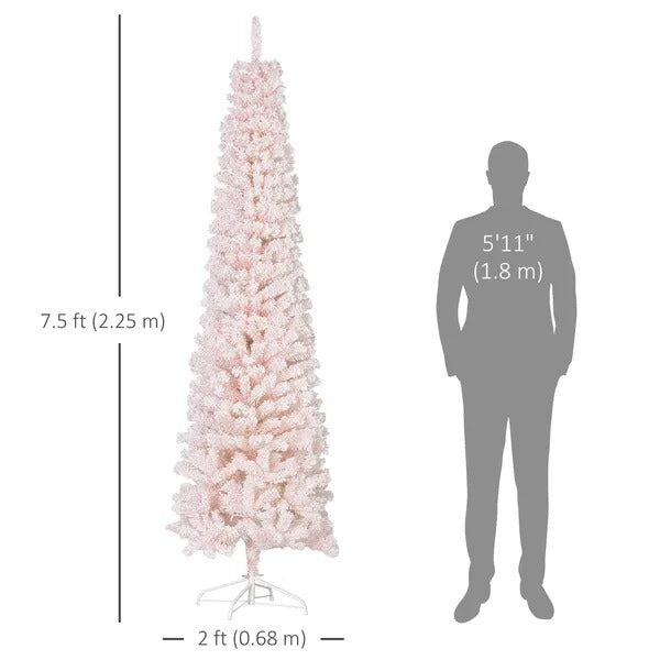 7.5ft Flocked Christmas Tree, Pencil Christmas Tree With Realistic Branch Tips, Folding Metal Stand EX-STOCK Canada 
