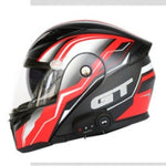 Motorcycle helmet with GT logo on a white background