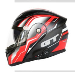 Motorcycle helmet with GT logo on a white background