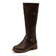 Brown knee-high boot with a buckle on a white background