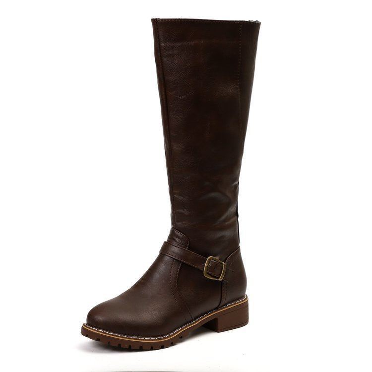 Brown knee-high boot with a buckle on a white background