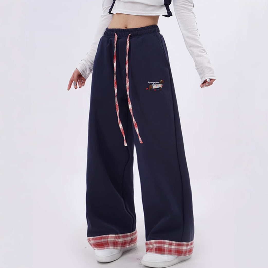 Women's Retro Wide-Leg Sweatpants – Plaid Rolled-Up Hem & Embroidered Drawstring Joggers | XS–4XL 2