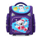 Purple children's backpack with teddy bear design on a white background