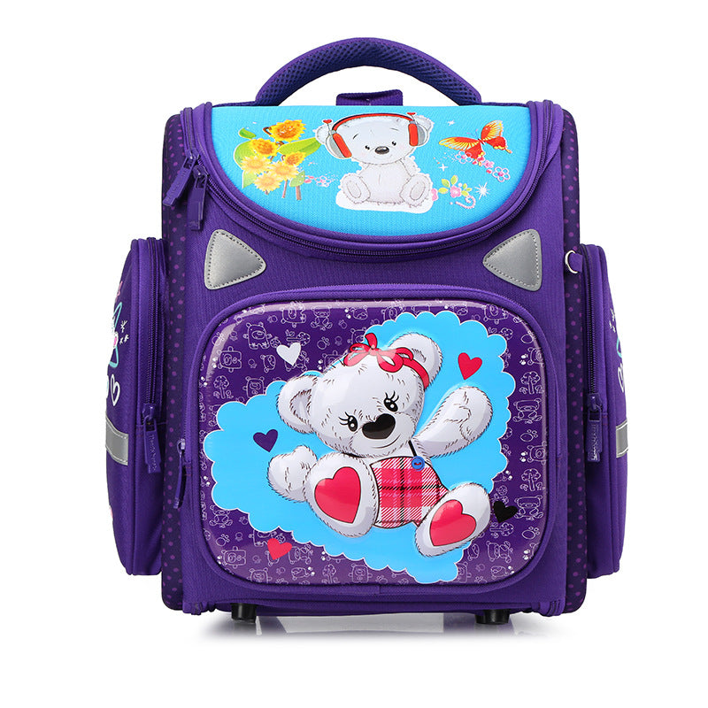 Purple children's backpack with teddy bear design on a white background