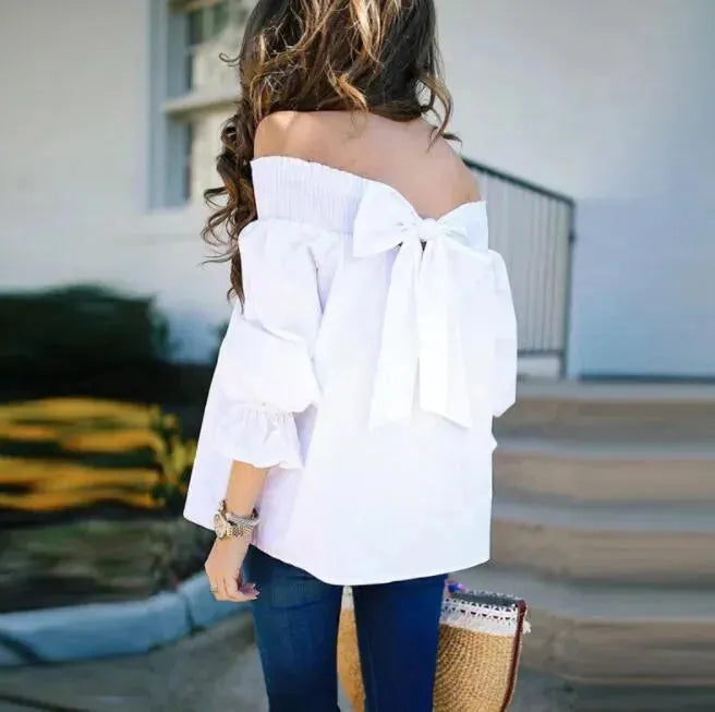 Spring Summer Women Off Shoulder Strapless Blouse top Bowknot Slash Neck Casual Loose Plus Size top - EX-STOCK CANADA