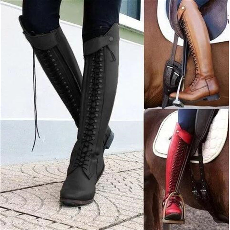 Women's Over-the-Knee Lace-Up Equestrian Boots – Black, Brown & Red | Sizes 34–43