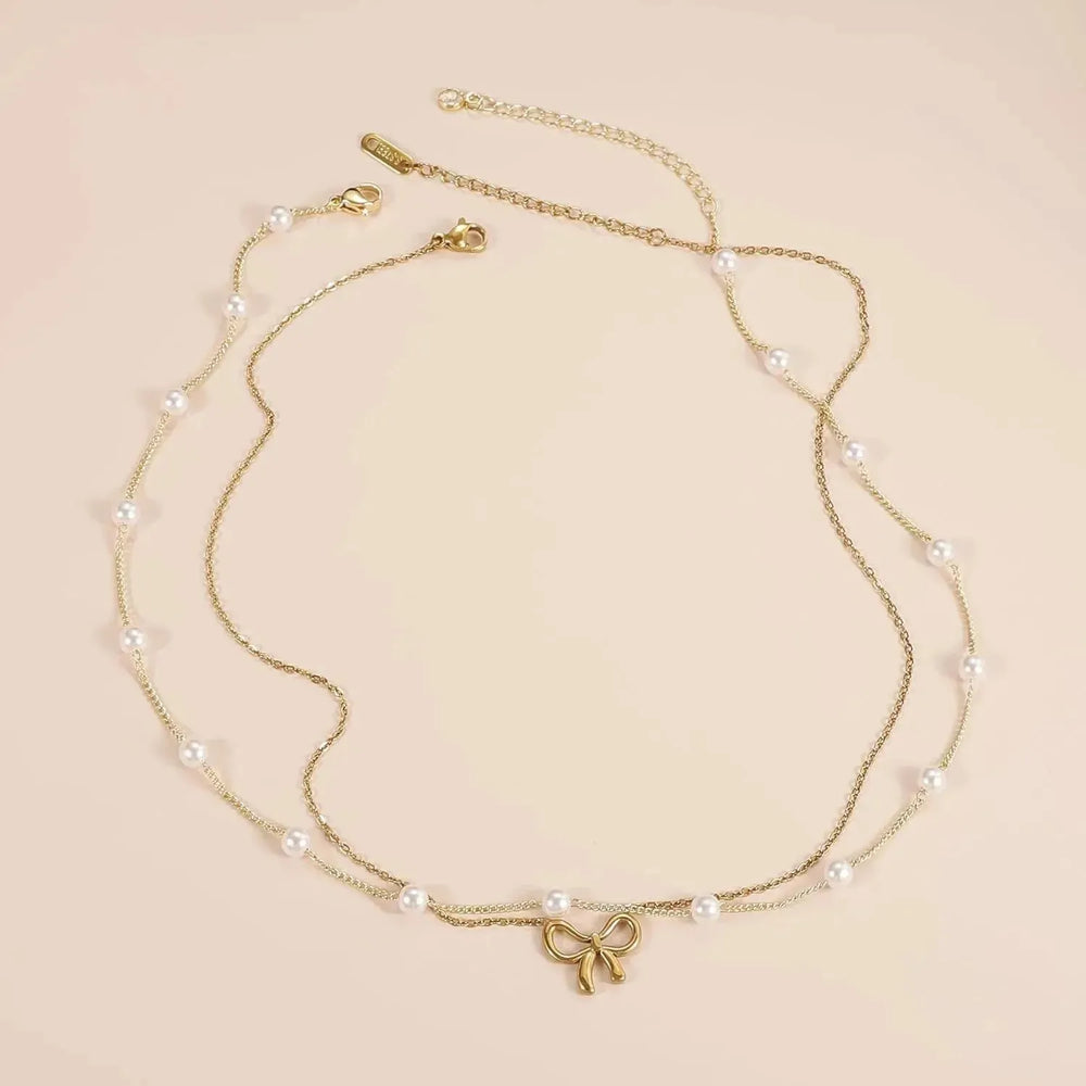 Simple Pearl Double Layer Choker Fashion Gold Color Necklaces Chain Small Bow Pendant Necklace Jewelry Gifts For Women Fashion Jewelry Valentine's Day Gifts - EX-STOCK CANADA