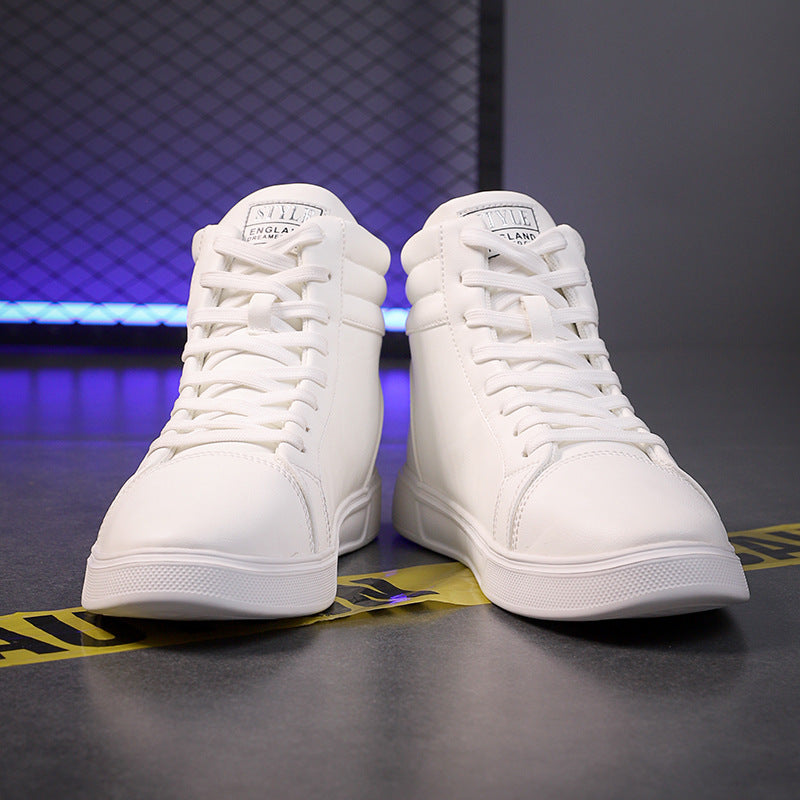 White high-top sneakers on a reflective surface with a dark background