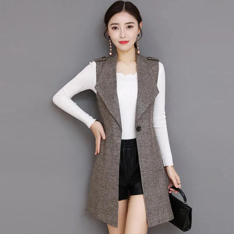 Plaid Long Blazer Vest Women Sleeveless Jacket - EX-STOCK CANADA
