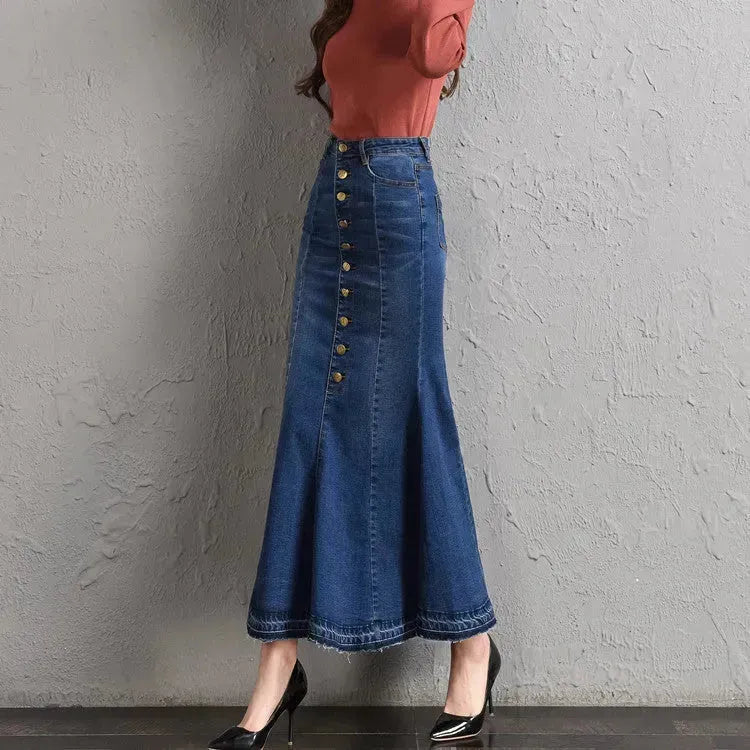 New Fashion Fitted Button up Mermaid Midi Denim Skirt - EX-STOCK CANADA