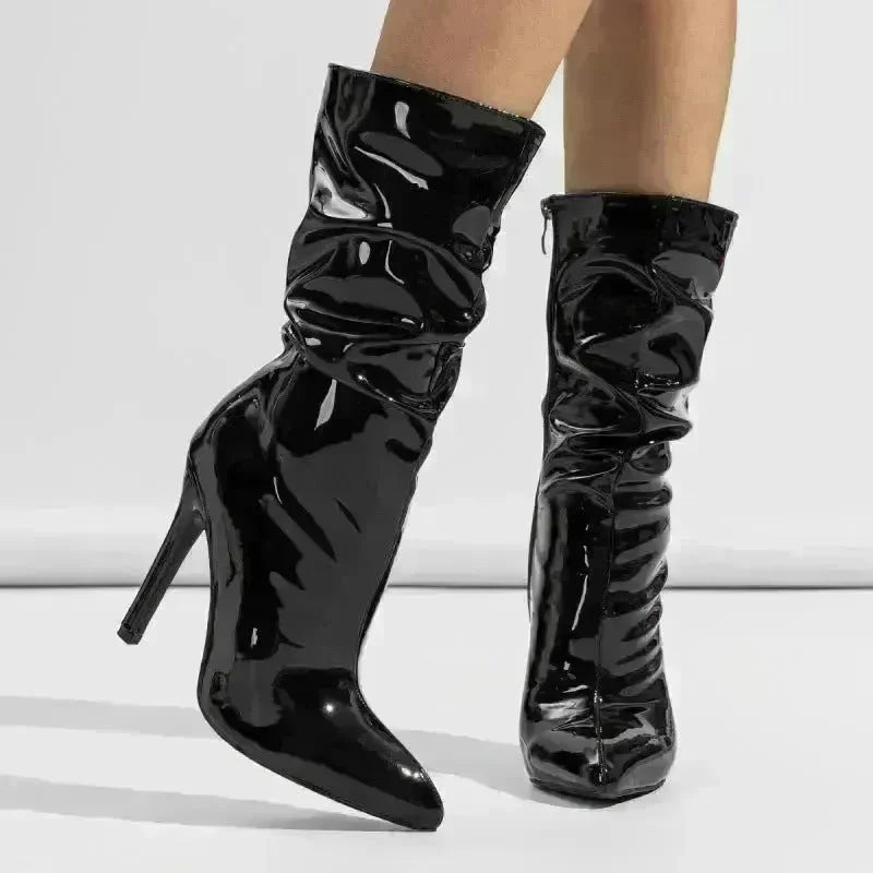 Patent Leather High Heel Pointed Stiletto Heel Pile Style Boots - EX-STOCK CANADA