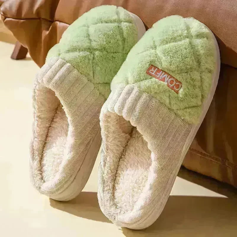 Solid Rhombic Letter Home Slippers Winter Warm Non-slip Floor Bedroom Plush Slipper For Couple House Shoes Women Men - EX-STOCK CANADA