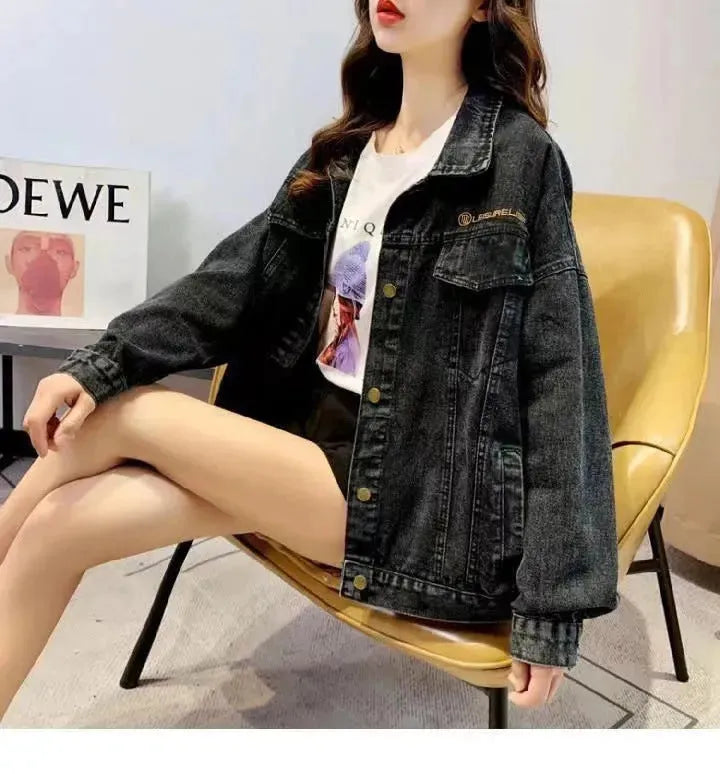 Loose Embroidered Lettered Black Denim Jacket Slimming Jacket Coat For Women - EX-STOCK CANADA