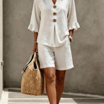 Women's Two-Piece Shorts Suit – V-Neck Ruffle Top & Short Pant Set