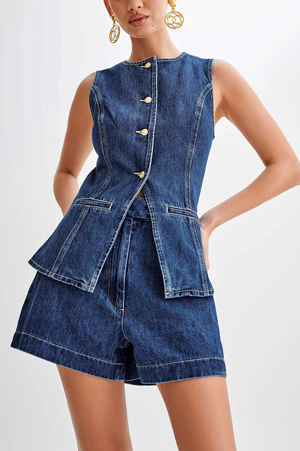 Denim Fashion Casual Sleeveless Women's Suit 