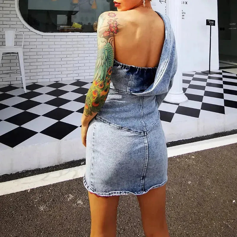 Street Fashion One shoulder Denim Mini Jeans hip dress - EX-STOCK CANADA
