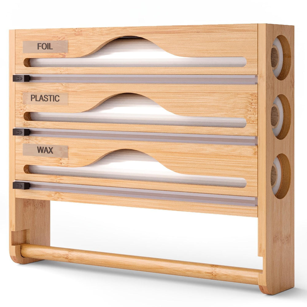 Bamboo Plastic Wrap Cutter With Paper Towel Holder Kitchen Wall-mounted Tinfoil Cutter With Three-grid Cutter And Paper Towel Storage Rack EX-STOCK