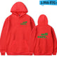 Red hoodie with 'self care.' text on front and back, on a white background.