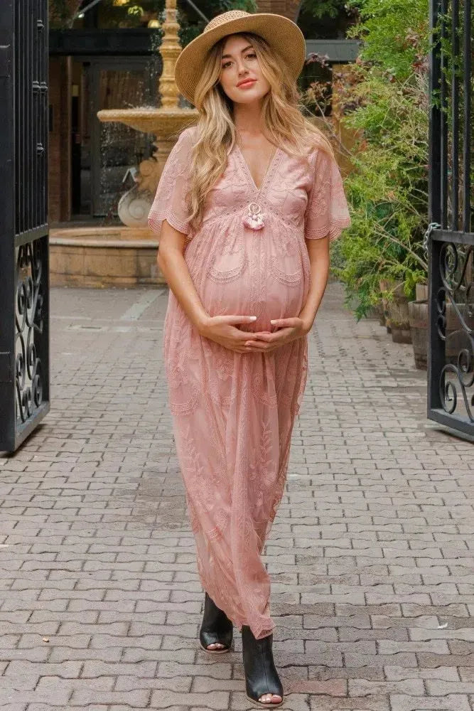Maternity Dresses for Photo Shoot Summer V Neck White Lace Short Sleeve Pregnancy Dress Pregnant Women Photography Maxi Dress - EX-STOCK CANADA