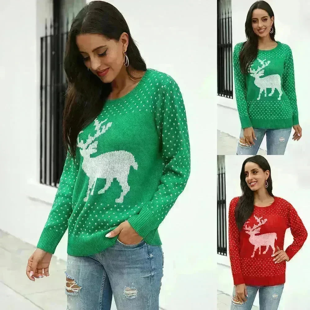 Fawn Reindeer jacquard christmas sweater Round neck women - EX-STOCK CANADA