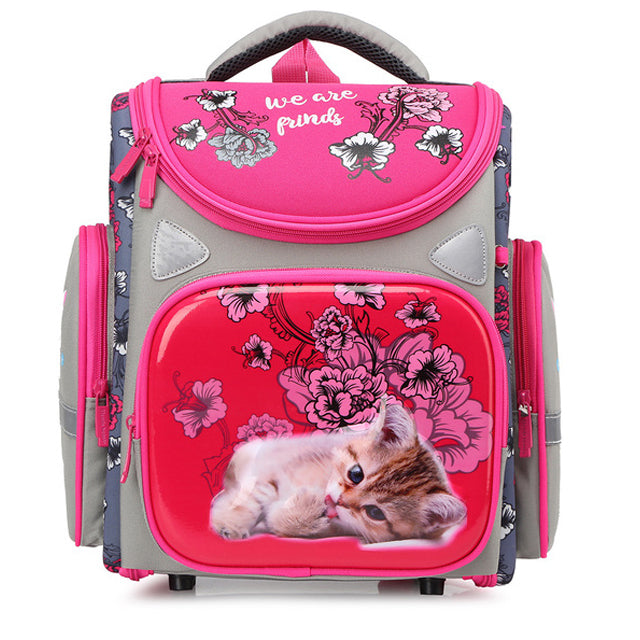 Children's backpack with floral design and kitten illustration on a white background