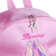 Pink backpack with 'Dancing' and ballet shoe design, featuring a ballerina charm.