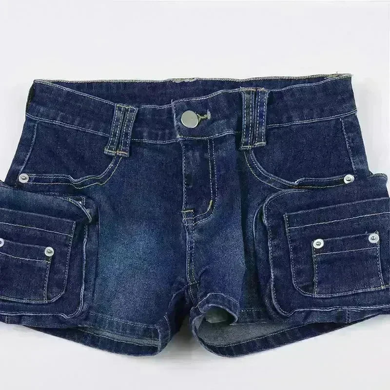 Street Washed Dark Blue Three-dimensional Pocket Splicing Low Waist Tight Hip Hot Girls Fried Street Hot Pants Super Short Jeans - EX-STOCK CANADA