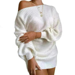 Autumn Winter Slant Shoulder Off Lantern sleeve Mini knitted wool sweater dress - EX-STOCK CANADA
