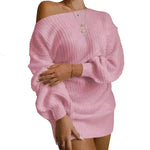 Autumn Winter Slant Shoulder Off Lantern sleeve Mini knitted wool sweater dress - EX-STOCK CANADA