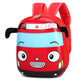 Red car-shaped backpack with a smiley face on a white background