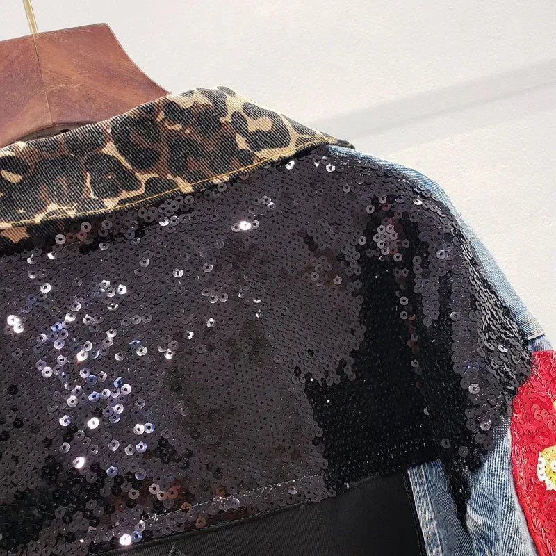 Single Breasted Embroidered Leopard Collar Denim Jacket Women - EX-STOCK CANADA