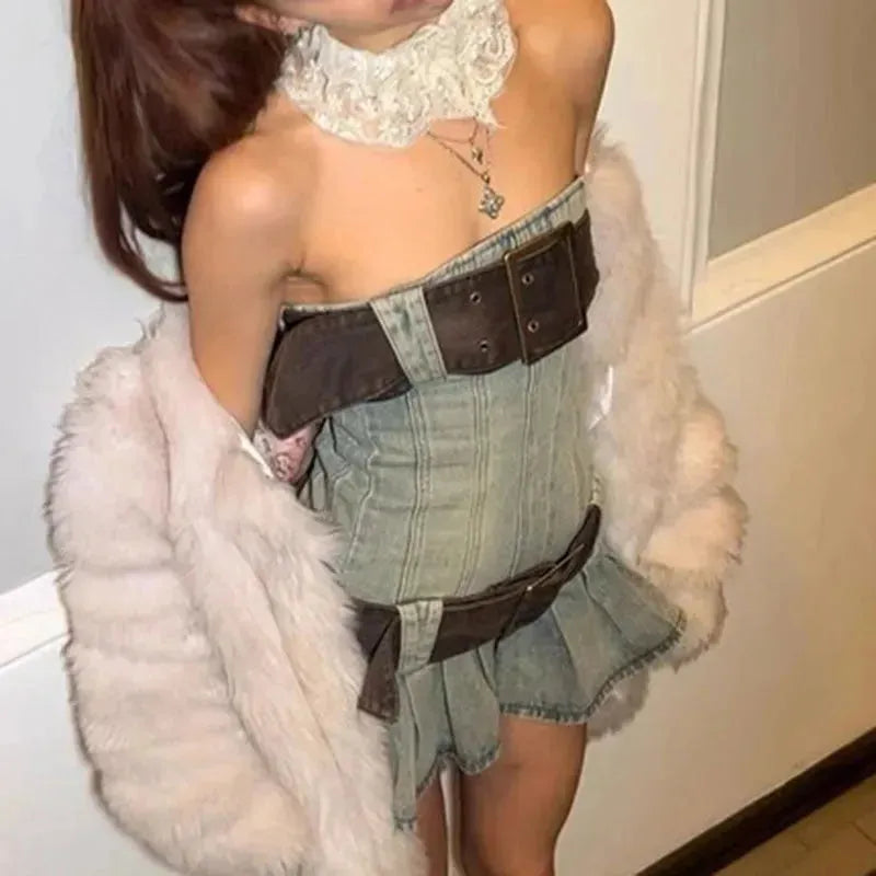 Women's Fashion Strapless Tube Top Mini Denim Club Dress - EX-STOCK CANADA