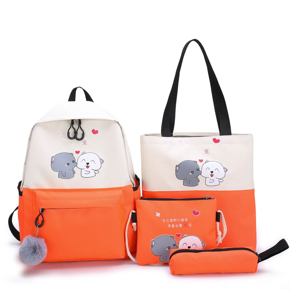 Set of orange and beige bags with cartoon characters on a white background