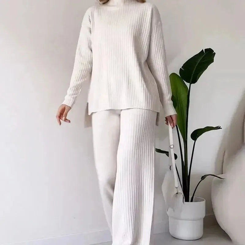 Casual 2pcs Co ord Winter Turtleneck Knitted Suit Loose Split Long-sleeved Top And Straight Trousers Fashion Casual Solid Set Women's Clothing - EX-STOCK CANADA
