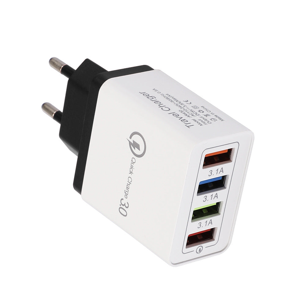 White USB charger with multiple ports on a white background